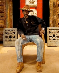 Mr. Imagination at Material Culture in 2005, sitting in the West African Asoso chair that he was commissioned to turn into a throne.