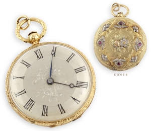 1. Lepine gold and platinum ladies pocket watch with rose-cut diamond and rubies. From The Silver Store, Princeton, New Jersey.