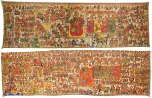 Lot 490 (top). Large Old Indian Narrative Painting (Pabuji Ki Phad): 54" x 181", early/mid 20th c., Lot 491 (bottom). Large Old Indian Narrative Painting (Pabuji Ki Phad): 4'7" x 15'7", early/mid 20th c.