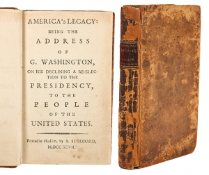 Lot 21. A Rare Leather Bound Volume of George Washington's Address On His Declining A Re-election To The Presidency, A. Stoddard, circa 1797. Washington's "Farewell Address" is one of the classic statements of republican principles for the new nation. It also burnished the image of American Cincinnatus that had been bestowed on Washington after his first retirement in 1783. Although the Address was widely published in newspapers and as a long pamphlet, original copies are scarce, and are exceedingly hard to find in original bindings.