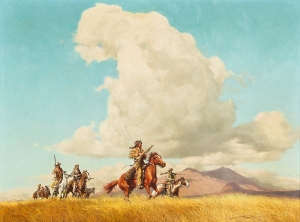 Lot 153. Frank McCarthy (American, 1924-2002) On the Way to the Alamo, Davy Crockett and a Few Friends, 1970, oil on board