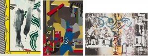 Left: Lot 113. Roy Lichtenstein (1923-1997) "Against Apartheid", 1983, est. $5,000-$7,000   •   Middle: Lot 91. Jacob Lawrence (American, 1917-2000) "Builders Three", est. $2,000-$3,000   •   Right: Lot 87. Romare Bearden (American, 1911-1988) "Introduction for a Blues Queen" (The Jazz Singer), Est. $1,500-$2,500