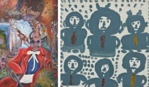 Left: Lot 50. Roger Rice (American/Mississippi, b. 1958) "The Evil Ruler", c. 1988, Est. $400-$600 Right: Lot 60. Mary Tillman Smith (1904-1995) Painting on Wood, est. $600-$900