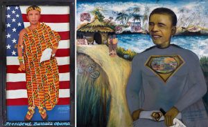 "Almighty God" left, "Obama as Superman" right