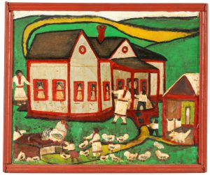 Lot 204. Rev. Johnnie Swearingen (American/Texas, 1908-1993) Country House With Chickens, Painting on Canvas Board