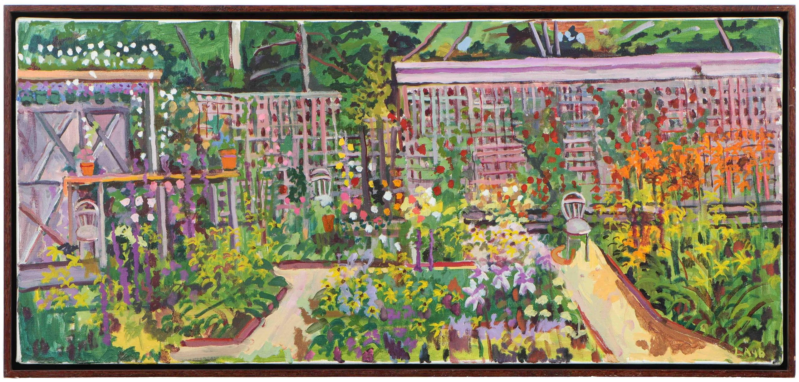 Lot 378. John Laub (American, 1947-2005) "Roy's Cutting Garden," 2005, oil on canvas, signed. Framed. Size: 18'' x 40'', 46 x 102 cm (stretcher); 20'' x 42'', 51 x 107 cm (frame). Trained in Philadelphia and New York, John Laub (1947–2005) is most known for his representational landscapes, which depict lush forests, vibrant gardens, winding pathways and sun-soaked beaches. With vivifying color and bold brushwork, his depictions of places like Fire Island, Coral Gables, and the Adirondacks celebrate the picturesque beauty of nature and reveal his joyous love of paint. Starting bid: $500